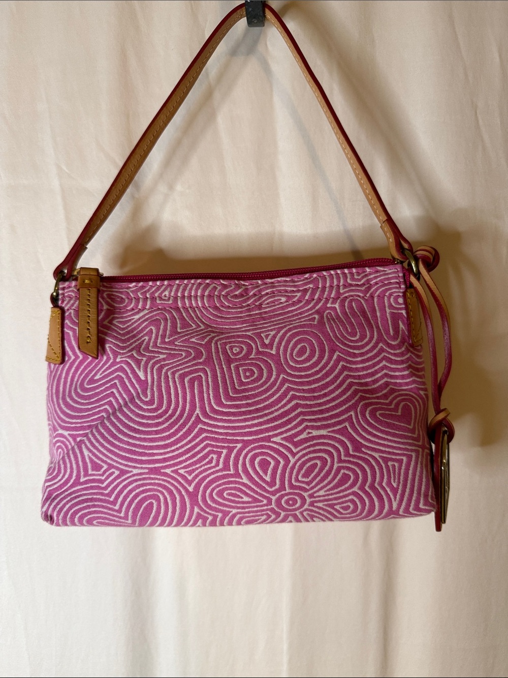 Dooney & Bourke Pink Patterned Canvas Shoulder Bag with Tan Leather Trim